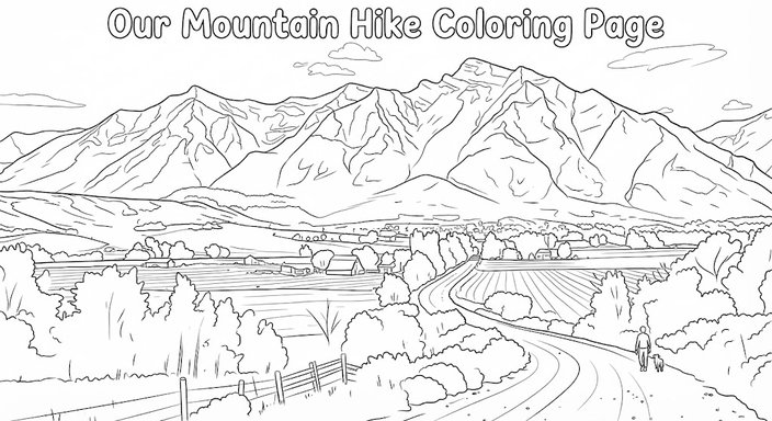 Black-and-white line-art coloring page titled "Our Mountain Hike Coloring Page" in outlined bubble letters: the Wellsville Mountains drawn in outline with a few clouds, Cache Valley farm fields, barns, and trees below, a wooden fence in front, and a winding road where a person walks a dog.
