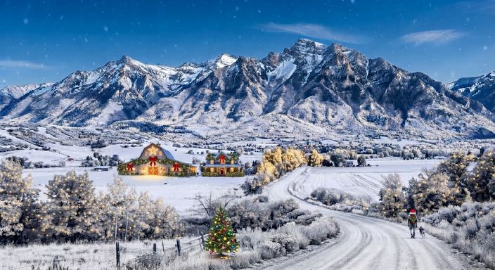 Christmas in Cache Valley: the snowy Wellsville Mountains under a starry blue sky, a barn and farmhouse trimmed with garlands, red bows, and a glowing star, frosty trees strung with lights, a decorated Christmas tree by the fence, and a person in a Santa hat walking a dog down the snowy road.