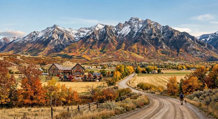 Thanksgiving in Cache Valley: people gather at long harvest tables with pumpkins outside a wreath-trimmed barn, below the snow-capped Wellsville Mountains and autumn trees, while a person walks a dog down the dirt road.