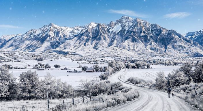 Winter in Cache Valley: the Wellsville Mountains and valley covered in snow under a blue sky with light snowfall, frost-covered trees, barns in white fields, and a person walking a dog down the snowy road.